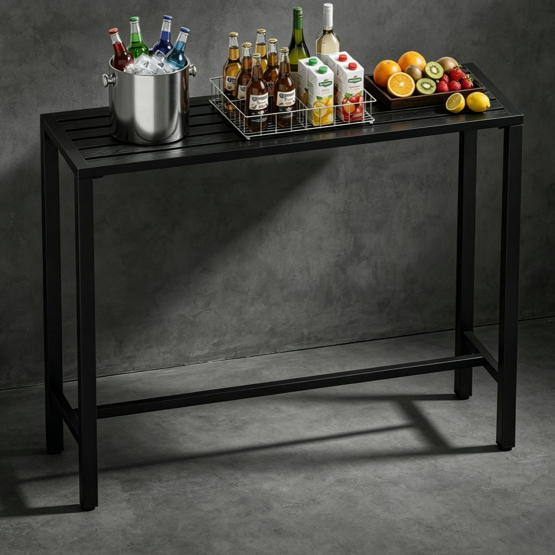 Outdoor bar table, 45-inch bar height, black metal frame, weatherproof tabletop.