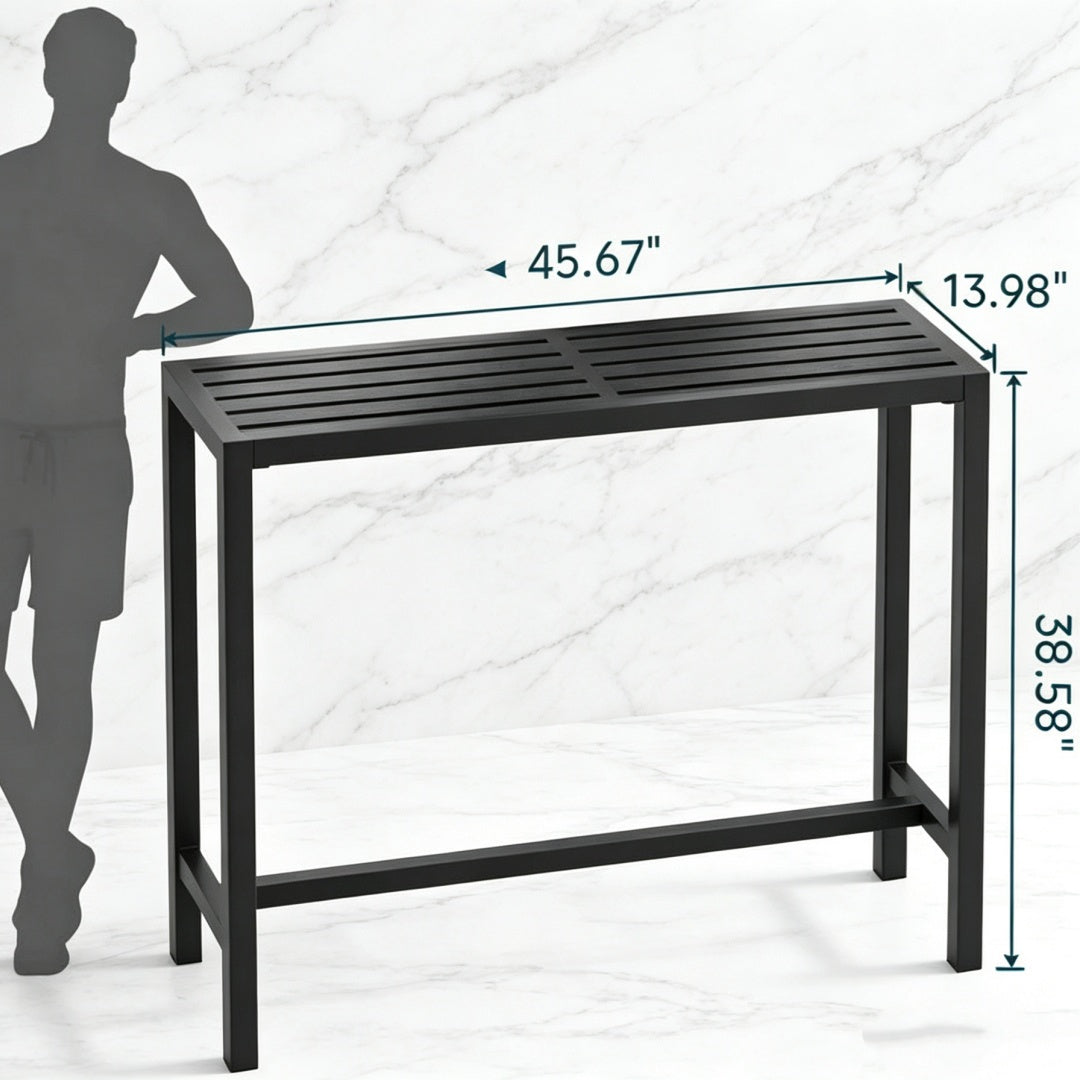 Outdoor bar table, 45-inch bar height, black metal frame, weatherproof tabletop.