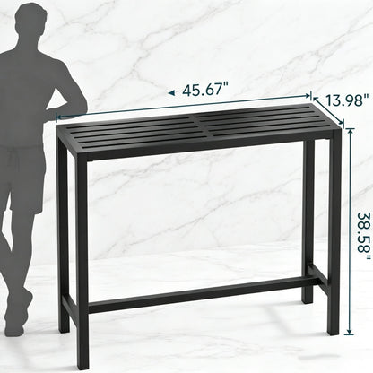 Outdoor bar table, 45-inch bar height, black metal frame, weatherproof tabletop.