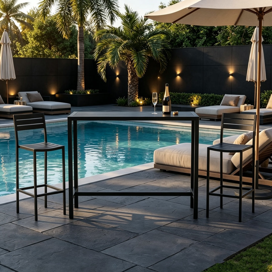Outdoor bar table, 45-inch bar height, black metal frame, weatherproof tabletop.