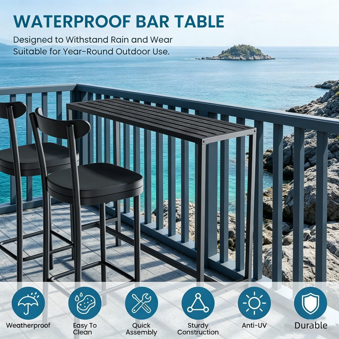 Outdoor bar table, 45-inch bar height, black metal frame, weatherproof tabletop.