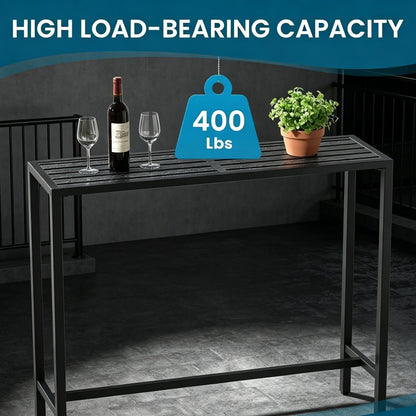 Outdoor bar table, 45-inch bar height, black metal frame, weatherproof tabletop.