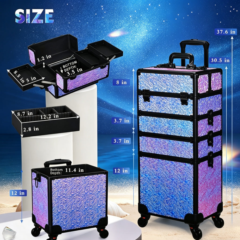 Wheeled Makeup Case, Beauty Case, 4-in-1 Makeup Travel Case, Extra Large Makeup Box