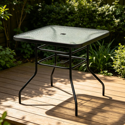 32-inch square outdoor dining table with tempered glass top, 2-inch umbrella holes, and metal frame.