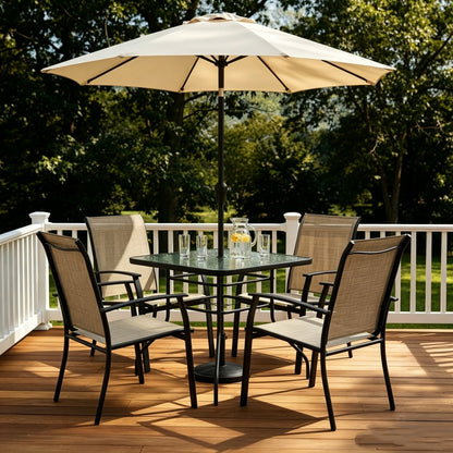 32-inch square outdoor dining table with tempered glass top, 2-inch umbrella holes, and metal frame.