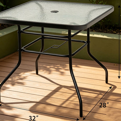 32-inch square outdoor dining table with tempered glass top, 2-inch umbrella holes, and metal frame.