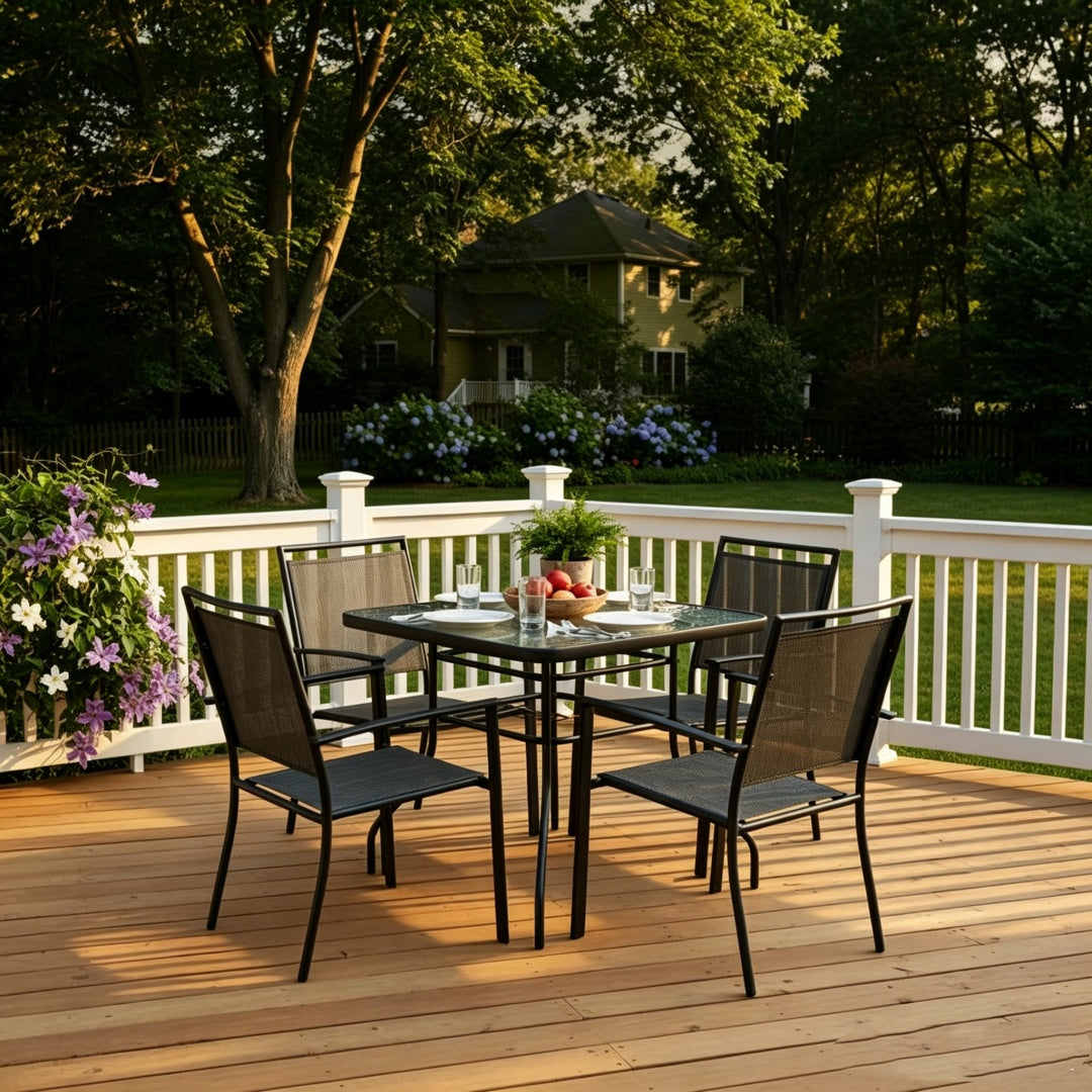 32-inch square outdoor dining table with tempered glass top, 2-inch umbrella holes, and metal frame.