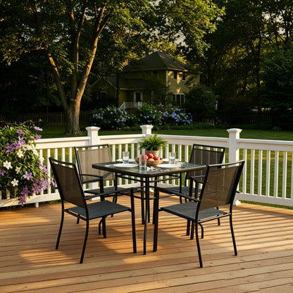 32-inch square outdoor dining table with tempered glass top, 2-inch umbrella holes, and metal frame.