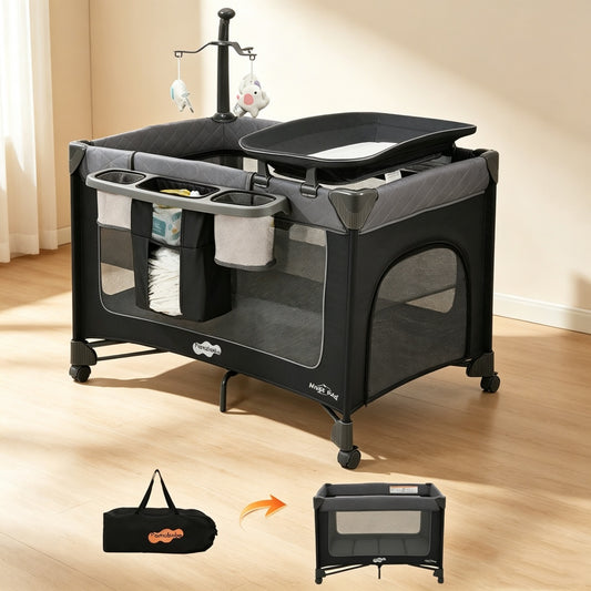 Foldable baby playpen with changing table, portable playpen with zippered door