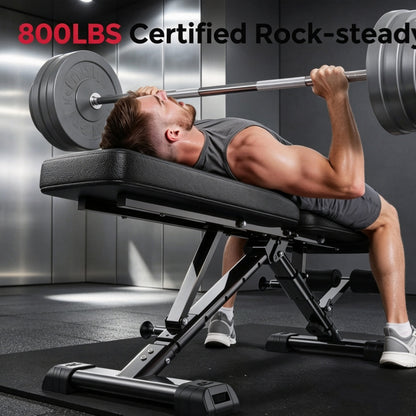 Bench press bench, 800 lbs weight capacity, adjustable, foldable, suitable for home gyms.