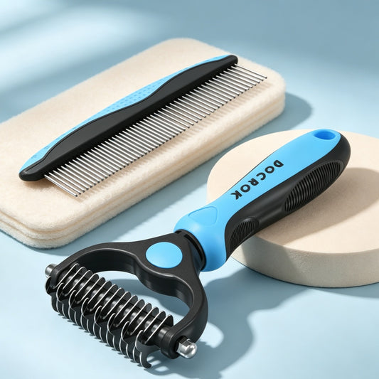 A blue detangling brush with a metal comb for grooming long, tangled pet fur.