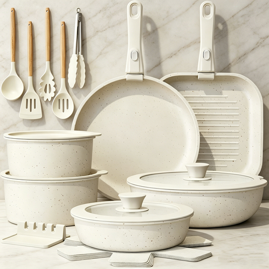 23-piece non-stick ceramic cookware set with detachable handles and stackable.